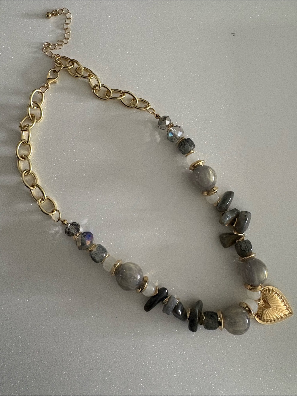 Gold Chain & Gray Bead Heart Necklace